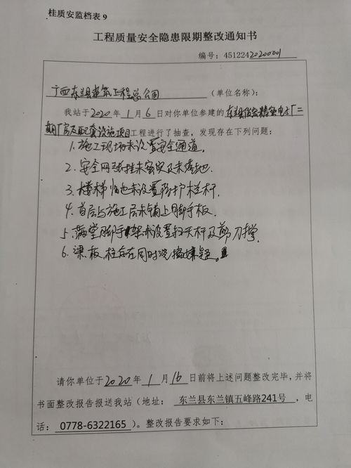 關(guān)于東蘭縣住房和城鄉(xiāng)建設(shè)局工程質(zhì)量安全隱患限期整改通知書（桂質(zhì)安監(jiān)檔表9 45122420200001）的工程檔案編制說明